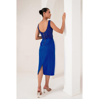 AKARA Women's Blue Embellished Pre Drape Saree with Stitched Blouse