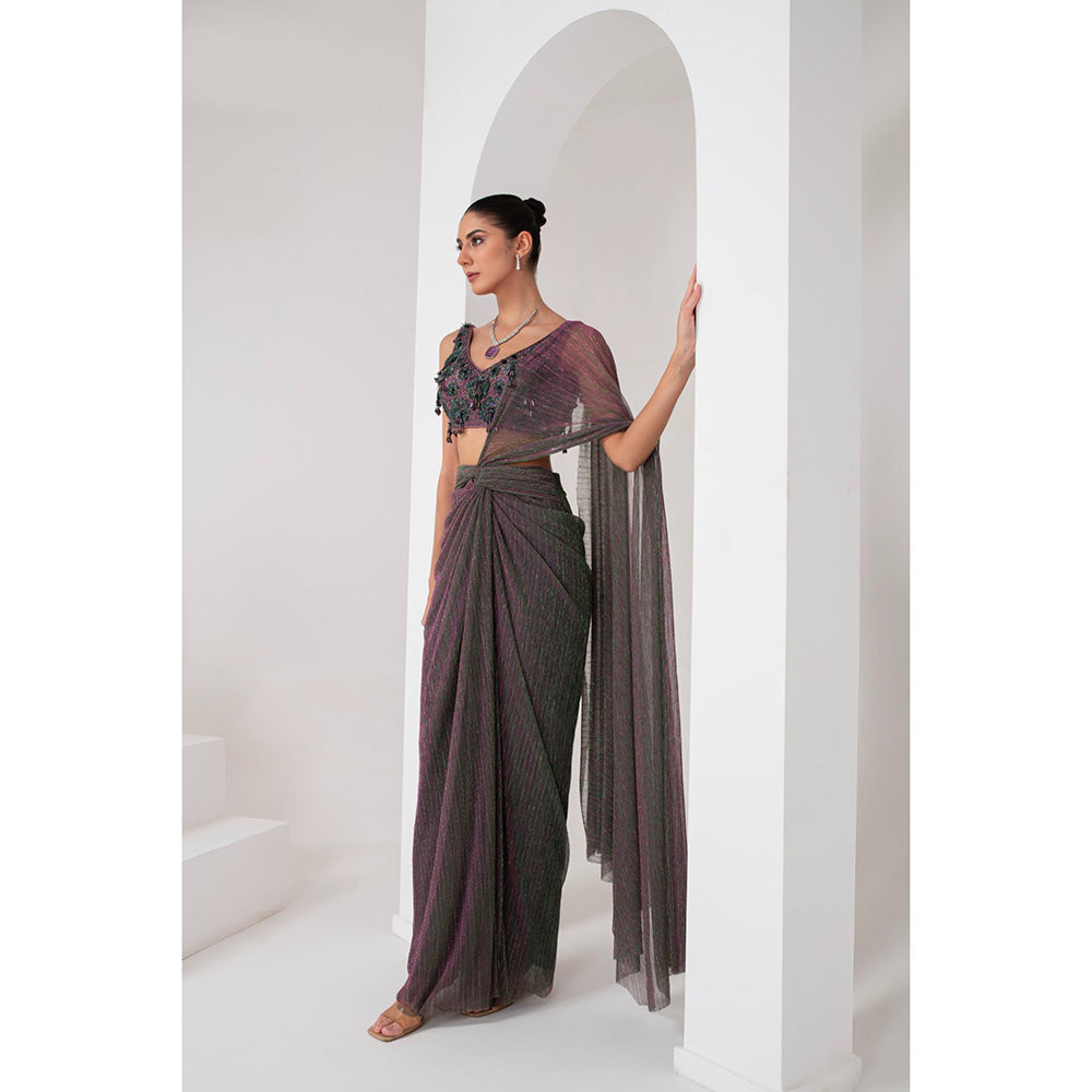 AKARA Women's Lavender Crystal Embellished Pre Drape Saree with Stitched Blouse