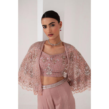 AKARA Women's Mauve Blouse with Sharara and Embellished Cape (Set of 3)