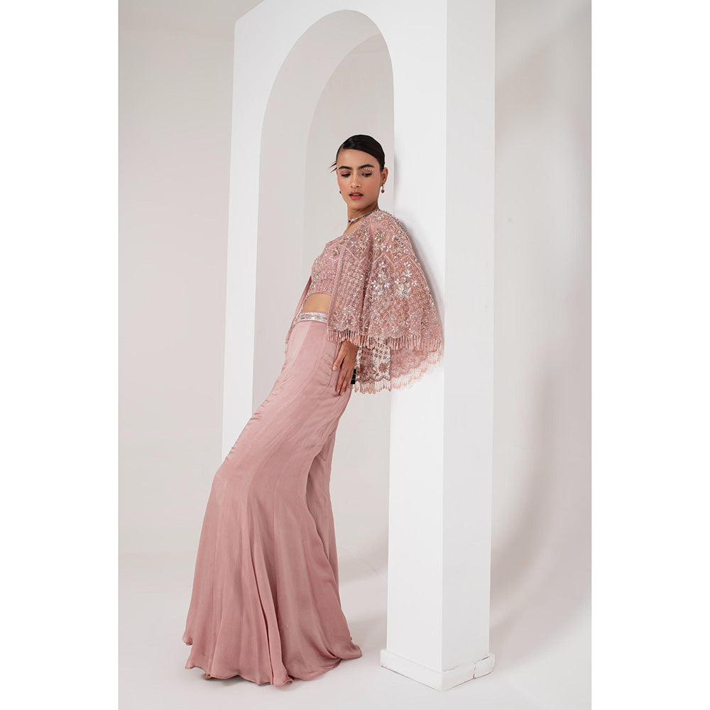 AKARA Women's Mauve Blouse with Sharara and Embellished Cape (Set of 3)