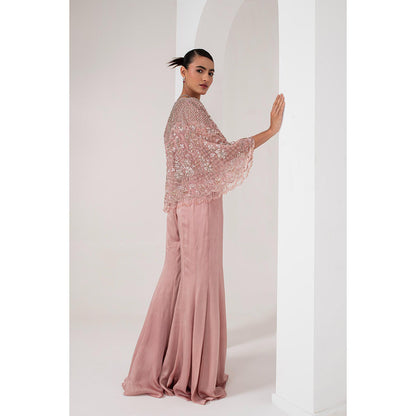 AKARA Women's Mauve Blouse with Sharara and Embellished Cape (Set of 3)