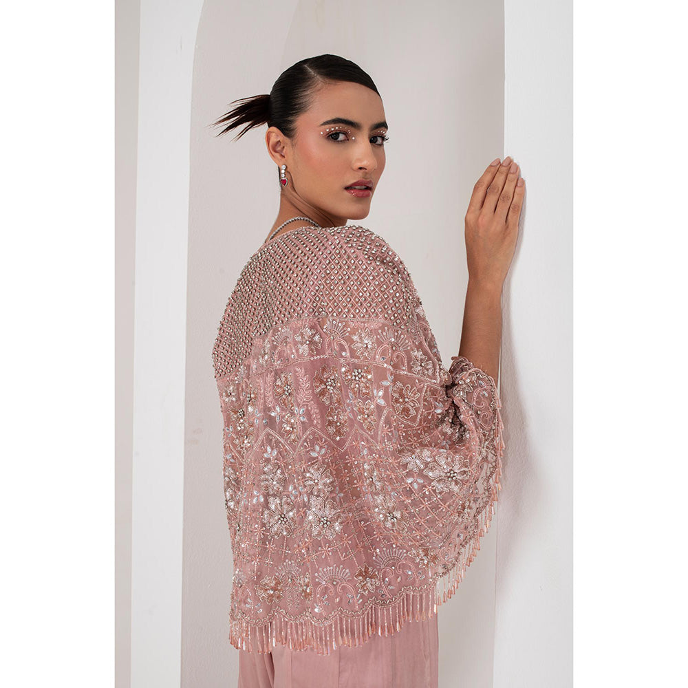 AKARA Women's Mauve Blouse with Sharara and Embellished Cape (Set of 3)