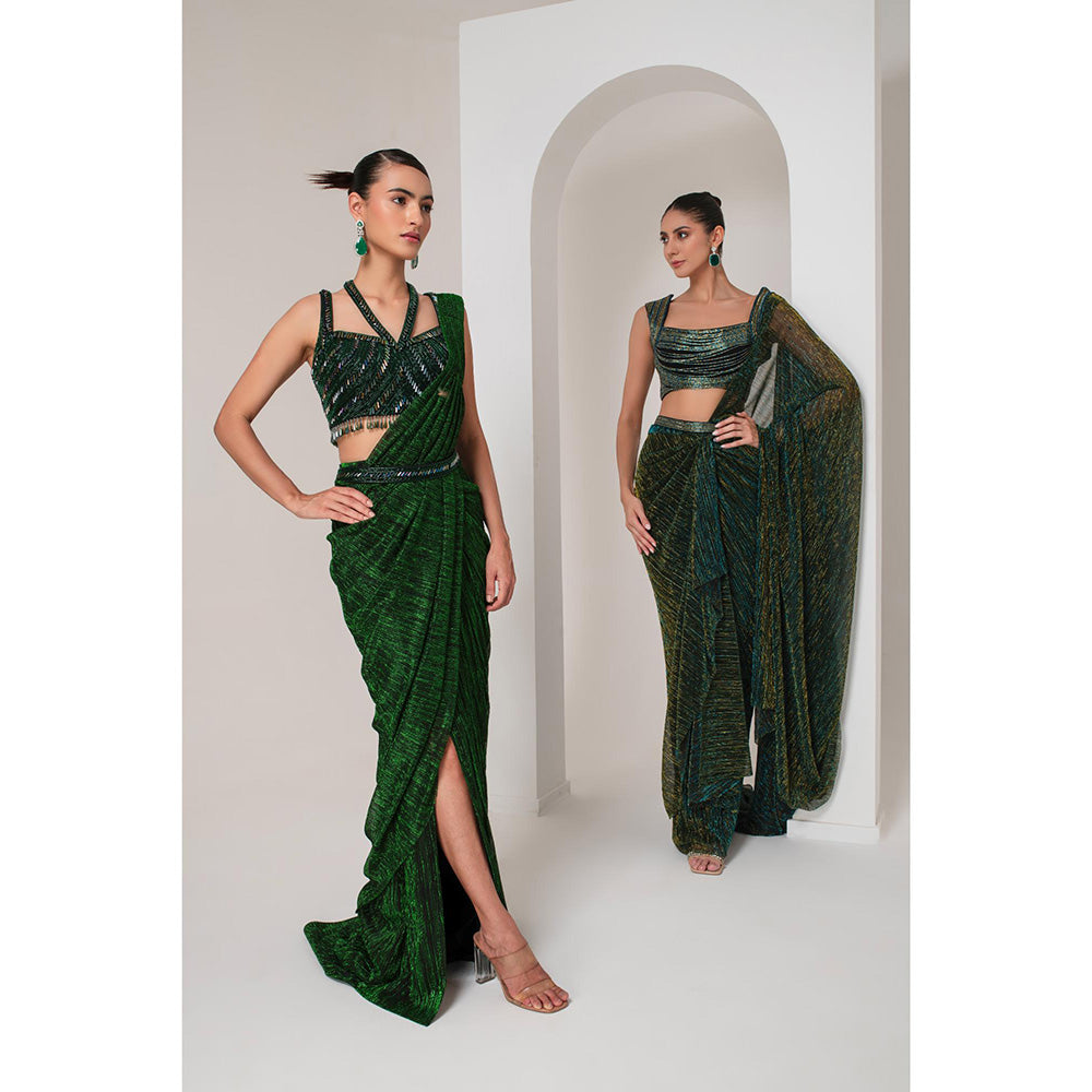 AKARA Women's Nalki Embellished Pre Drape Saree with Stitched Blouse & Belt