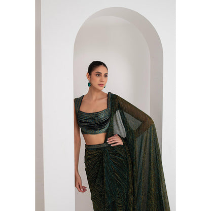AKARA Women's Nalki Embellished Pre Drape Saree with Stitched Blouse & Belt