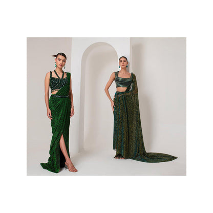 AKARA Women's Nalki Embellished Pre Drape Saree with Stitched Blouse & Belt