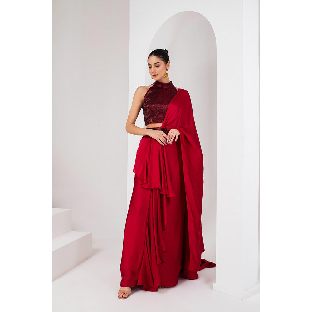 AKARA Women's Red Nalki Embellished Pre Drape Saree with Stitched Blouse & Belt