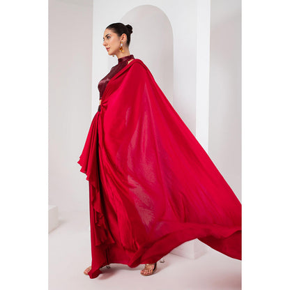 AKARA Women's Red Nalki Embellished Pre Drape Saree with Stitched Blouse & Belt
