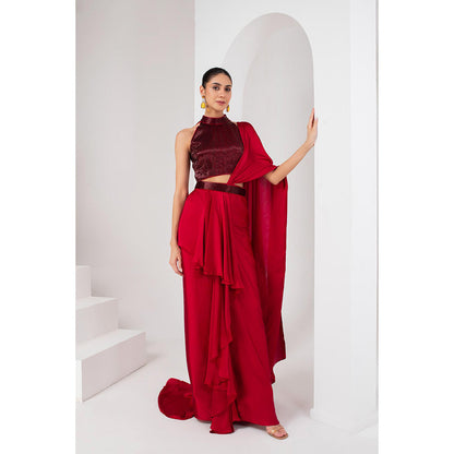 AKARA Women's Red Nalki Embellished Pre Drape Saree with Stitched Blouse & Belt