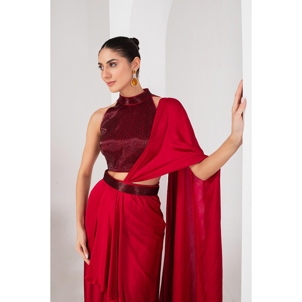 AKARA Women's Red Nalki Embellished Pre Drape Saree with Stitched Blouse & Belt