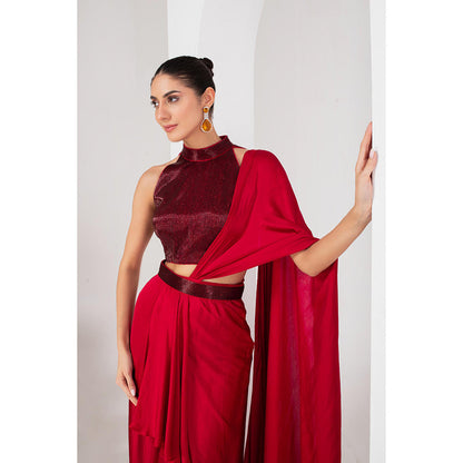 AKARA Women's Red Nalki Embellished Pre Drape Saree with Stitched Blouse & Belt