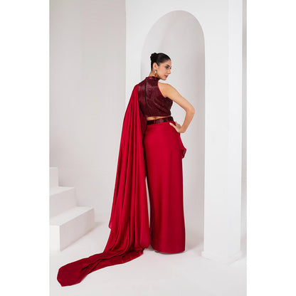 AKARA Women's Red Nalki Embellished Pre Drape Saree with Stitched Blouse & Belt