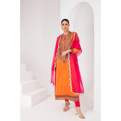 AKARA Women's Orange & Fascia Pink Embellished Kurta with Churidar and Dupatta (Set of 3)