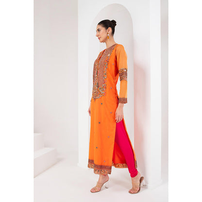 AKARA Women's Orange & Fascia Pink Embellished Kurta with Churidar and Dupatta (Set of 3)