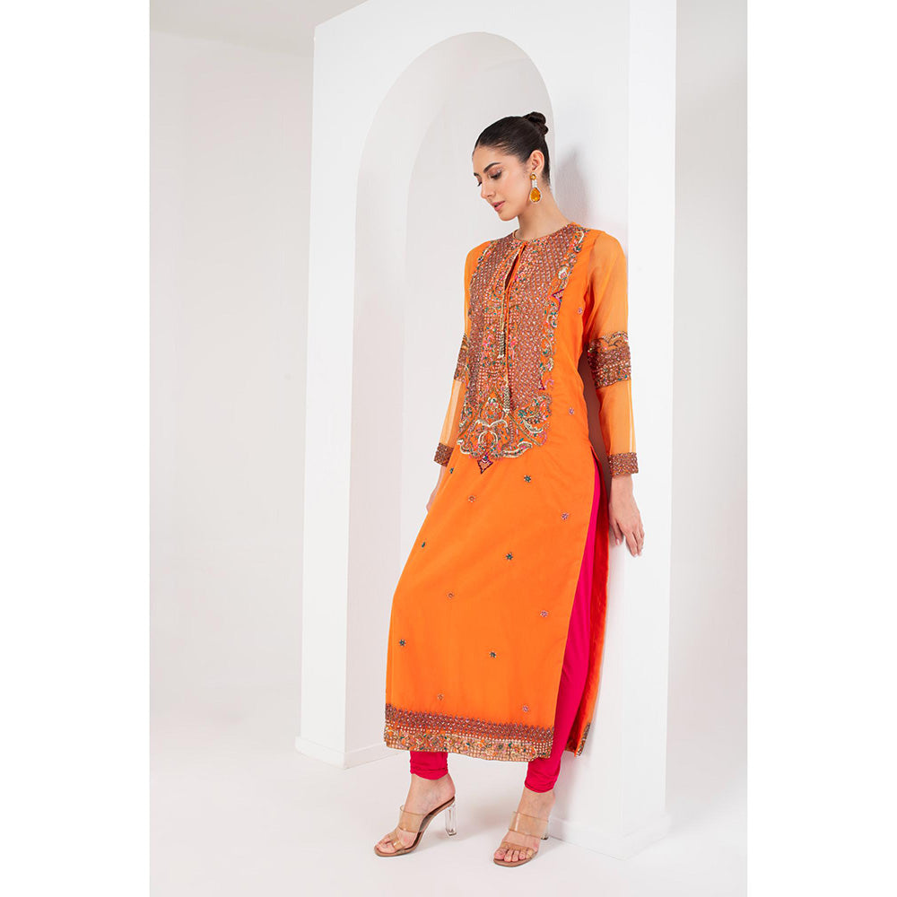 AKARA Women's Orange & Fascia Pink Embellished Kurta with Churidar and Dupatta (Set of 3)