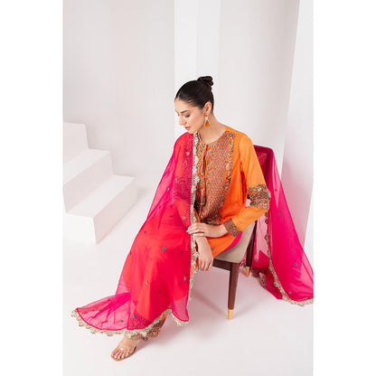 AKARA Women's Orange & Fascia Pink Embellished Kurta with Churidar and Dupatta (Set of 3)