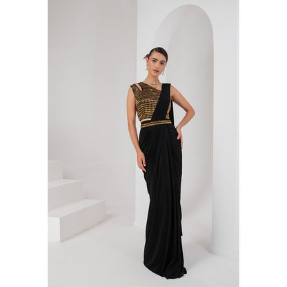 AKARA Women's Embellished Pre Drape Saree with Stitched Blouse & Belt