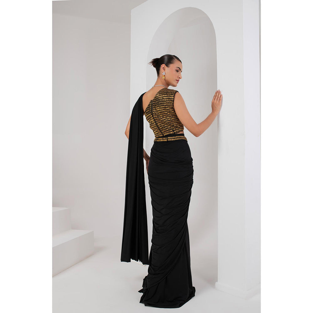 AKARA Women's Embellished Pre Drape Saree with Stitched Blouse & Belt