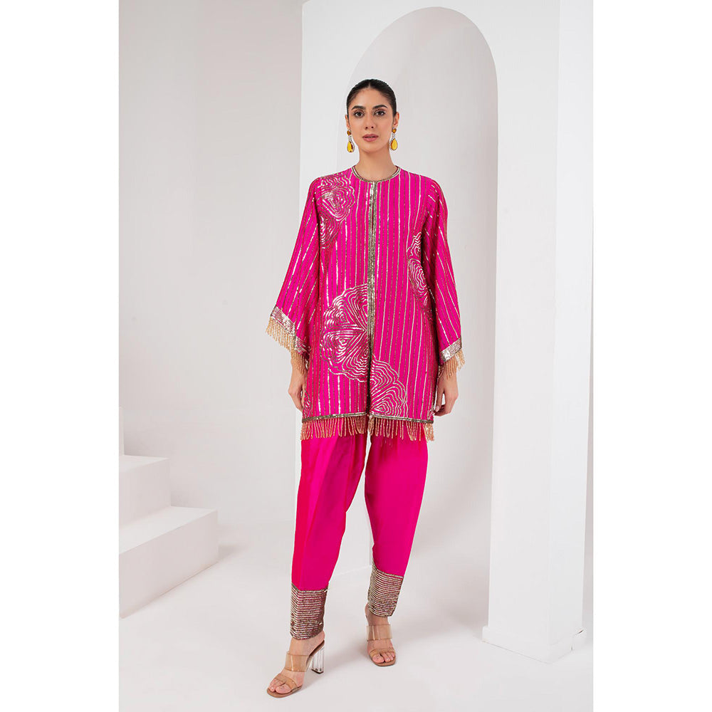 AKARA Women's Fascia Pink Embellished Kurti with Pakistani Salwar (Set of 2)