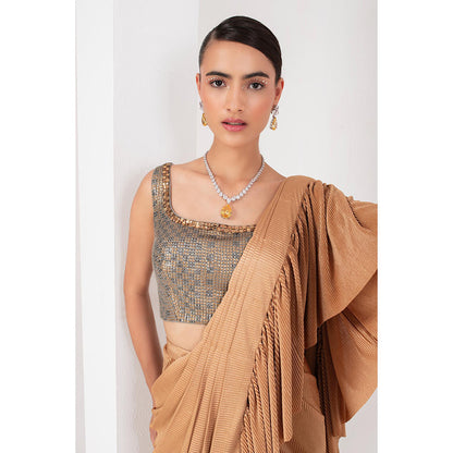 AKARA Women's Gold Embellished Pre Drape Saree with Stitched Blouse