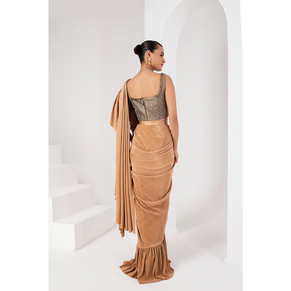 AKARA Women's Gold Embellished Pre Drape Saree with Stitched Blouse