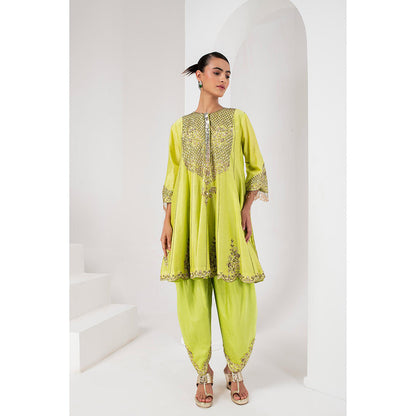 AKARA Women's Lime Green Embellished Kalidar Kurti with Dhoti and Dupatta (Set of 3)