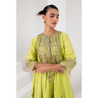 AKARA Women's Lime Green Embellished Kalidar Kurti with Dhoti and Dupatta (Set of 3)
