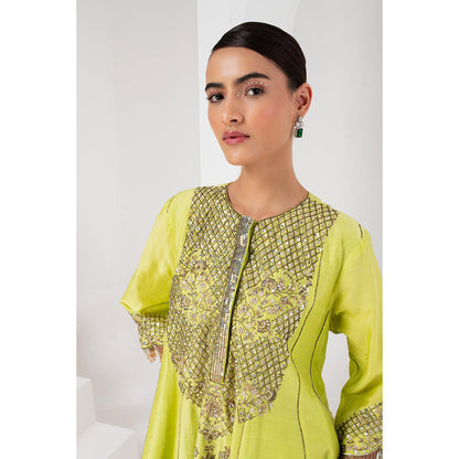 AKARA Women's Lime Green Embellished Kalidar Kurti with Dhoti and Dupatta (Set of 3)