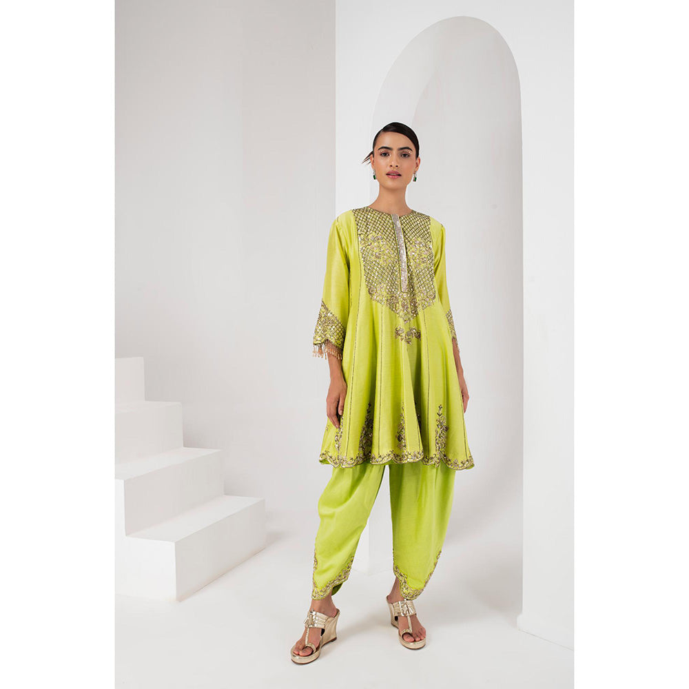 AKARA Women's Lime Green Embellished Kalidar Kurti with Dhoti and Dupatta (Set of 3)