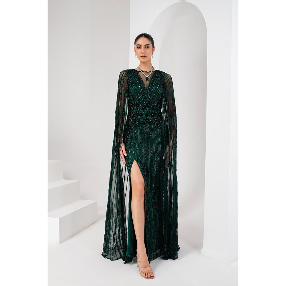 AKARA Women's Midnight Green Heavily Embellished Gown with Cape (Set of 2)