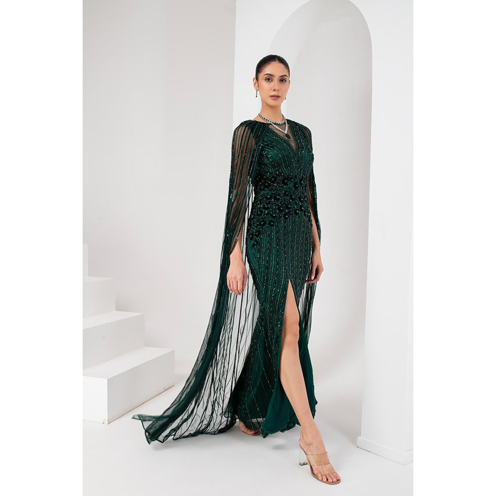 AKARA Women's Midnight Green Heavily Embellished Gown with Cape (Set of 2)