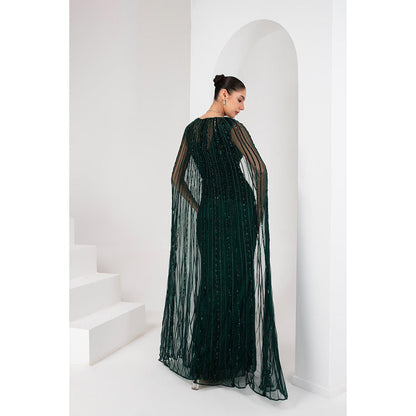 AKARA Women's Midnight Green Heavily Embellished Gown with Cape (Set of 2)