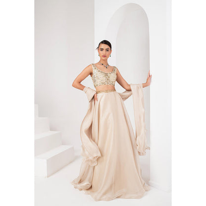 AKARA Women's Ivory Embellished Stitched Blouse with Lehenga and Ruffle Dupatta (Set of 3)