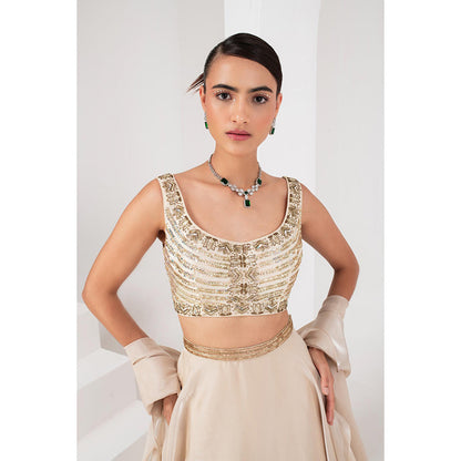 AKARA Women's Ivory Embellished Stitched Blouse with Lehenga and Ruffle Dupatta (Set of 3)