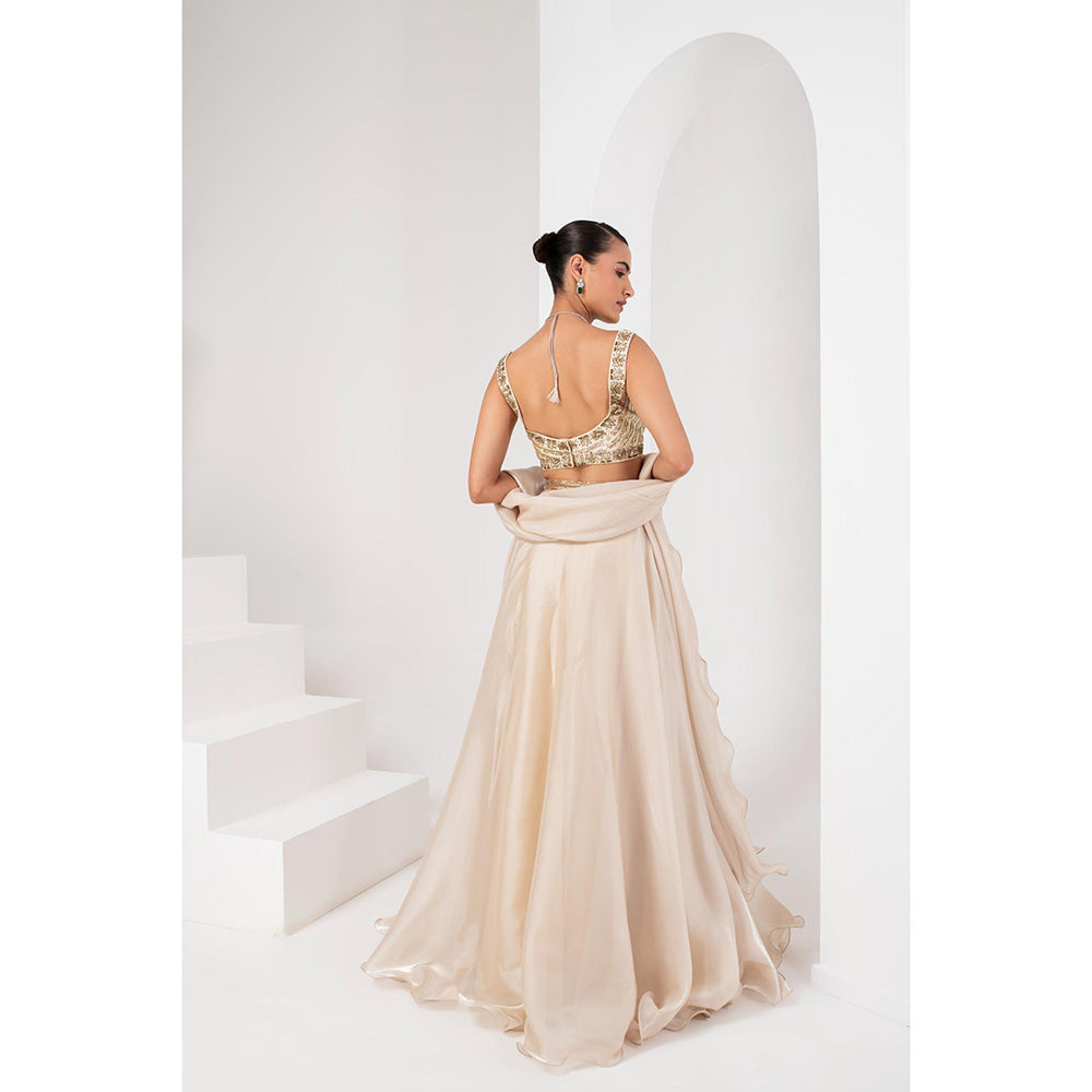 AKARA Women's Ivory Embellished Stitched Blouse with Lehenga and Ruffle Dupatta (Set of 3)