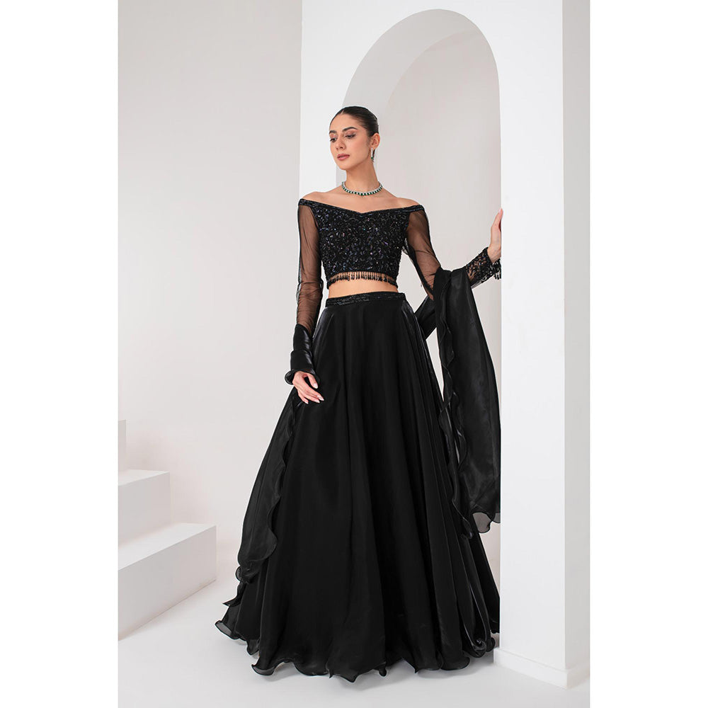 AKARA Women's Black Embellished Stitched Blouse with Lehenga and Ruffle Dupatta (Set of 3)