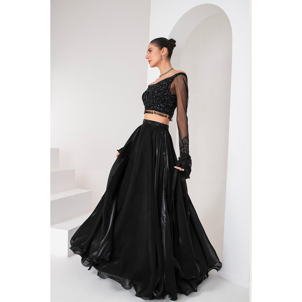 AKARA Women's Black Embellished Stitched Blouse with Lehenga and Ruffle Dupatta (Set of 3)