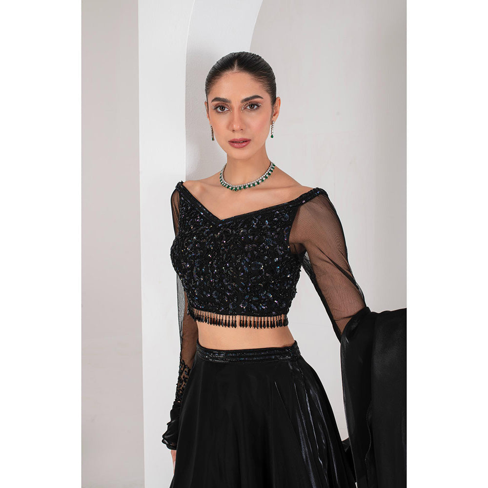 AKARA Women's Black Embellished Stitched Blouse with Lehenga and Ruffle Dupatta (Set of 3)