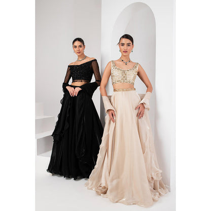 AKARA Women's Black Embellished Stitched Blouse with Lehenga and Ruffle Dupatta (Set of 3)