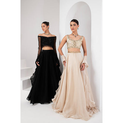 AKARA Women's Black Embellished Stitched Blouse with Lehenga and Ruffle Dupatta (Set of 3)