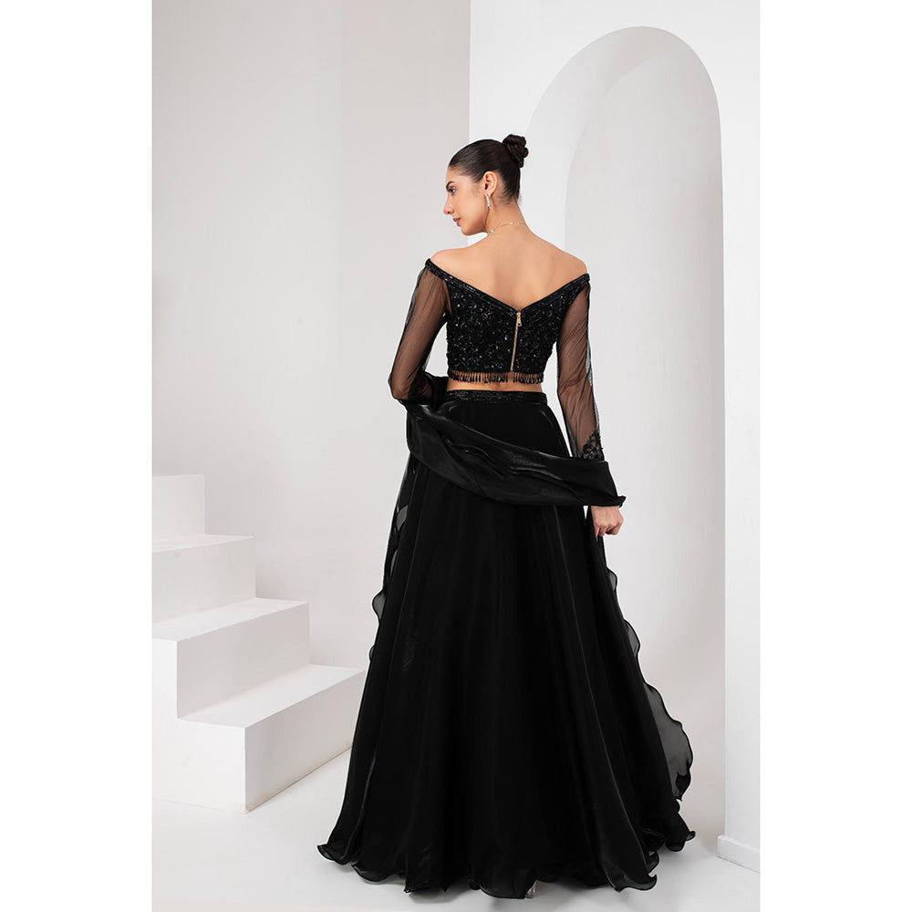 AKARA Women's Black Embellished Stitched Blouse with Lehenga and Ruffle Dupatta (Set of 3)