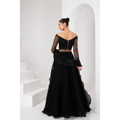 AKARA Women's Black Embellished Stitched Blouse with Lehenga and Ruffle Dupatta (Set of 3)