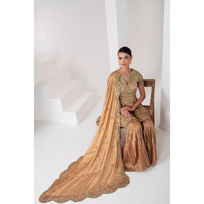 AKARA Women's Gold Tissue Short Embellished Kurti with Sharara and Dupatta (Set of 3)