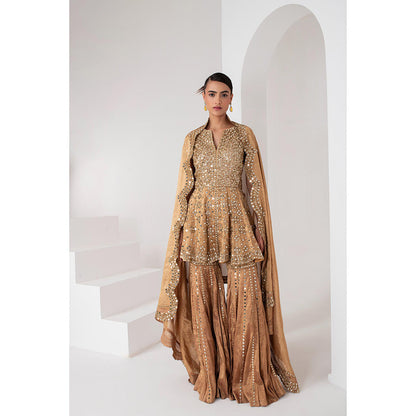 AKARA Women's Gold Tissue Short Embellished Kurti with Sharara and Dupatta (Set of 3)