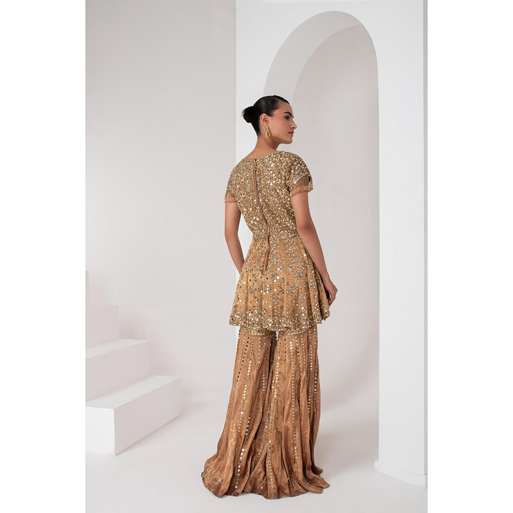 AKARA Women's Gold Tissue Short Embellished Kurti with Sharara and Dupatta (Set of 3)