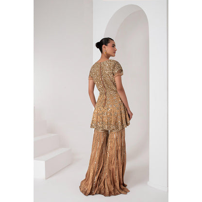 AKARA Women's Gold Tissue Short Embellished Kurti with Sharara and Dupatta (Set of 3)