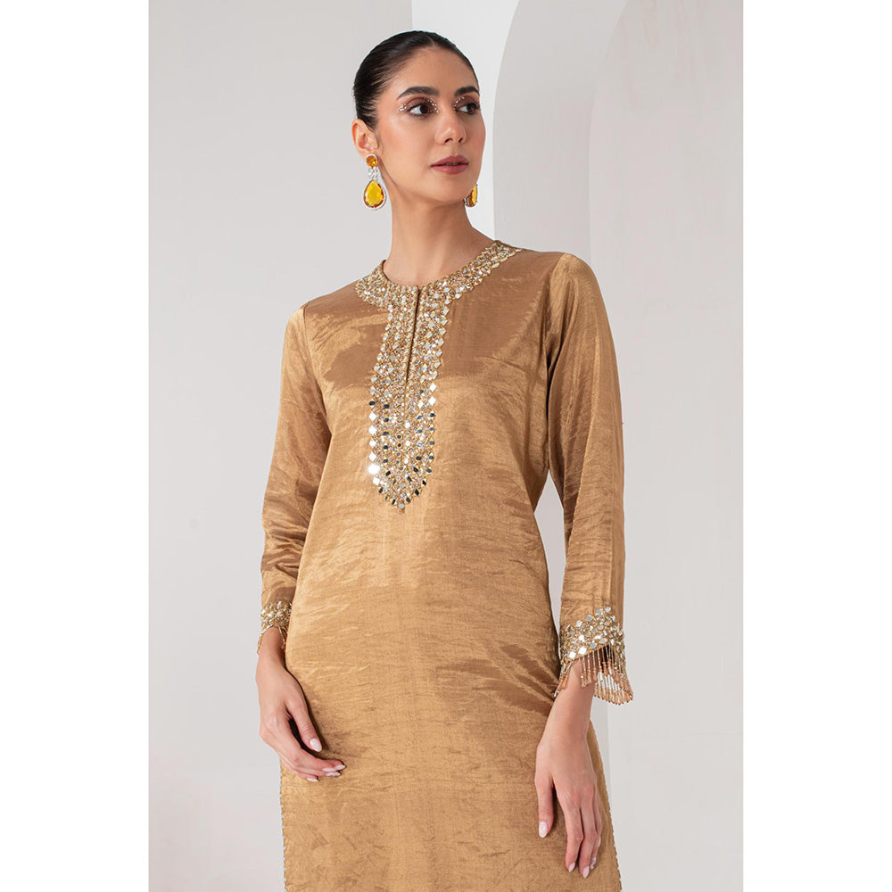 AKARA Women's Gold Tissue Embellished Mirror Work Kurta with Pant and Dupatta (Set of 3)
