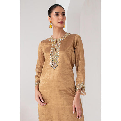 AKARA Women's Gold Tissue Embellished Mirror Work Kurta with Pant and Dupatta (Set of 3)