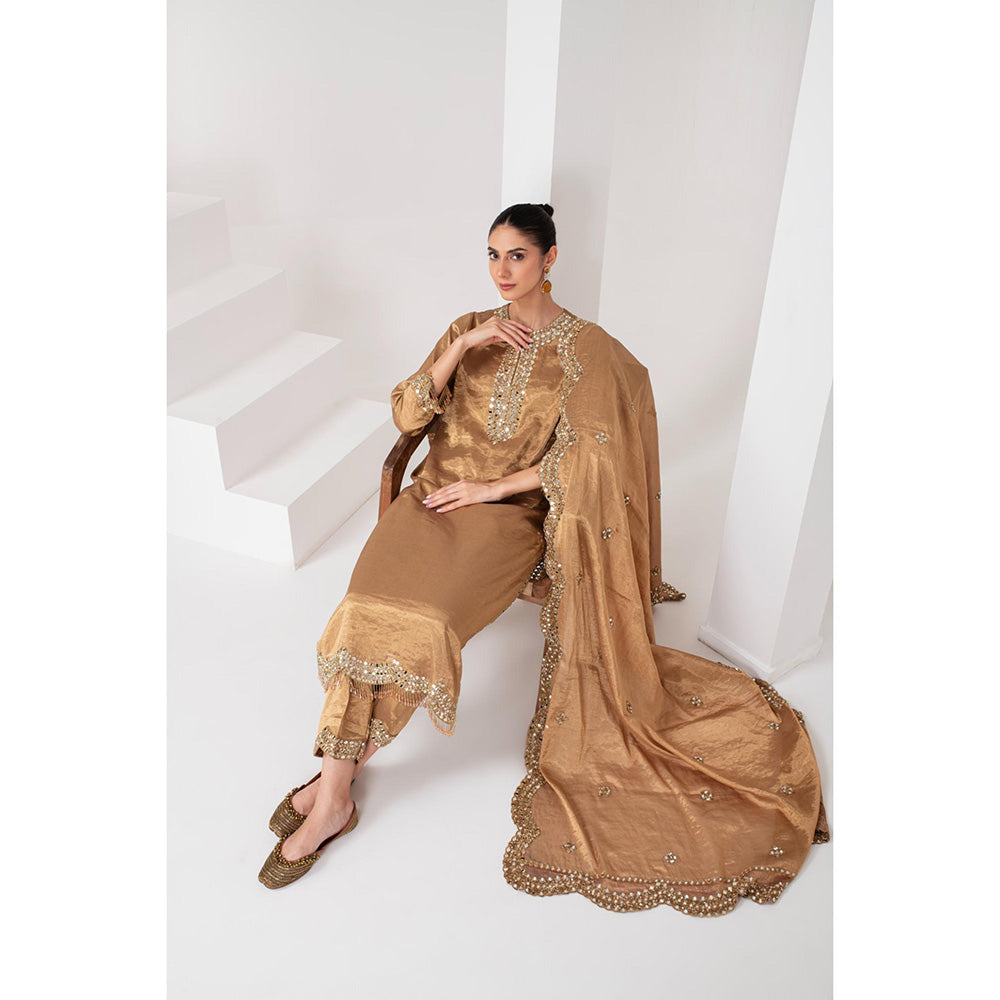 AKARA Women's Gold Tissue Embellished Mirror Work Kurta with Pant and Dupatta (Set of 3)