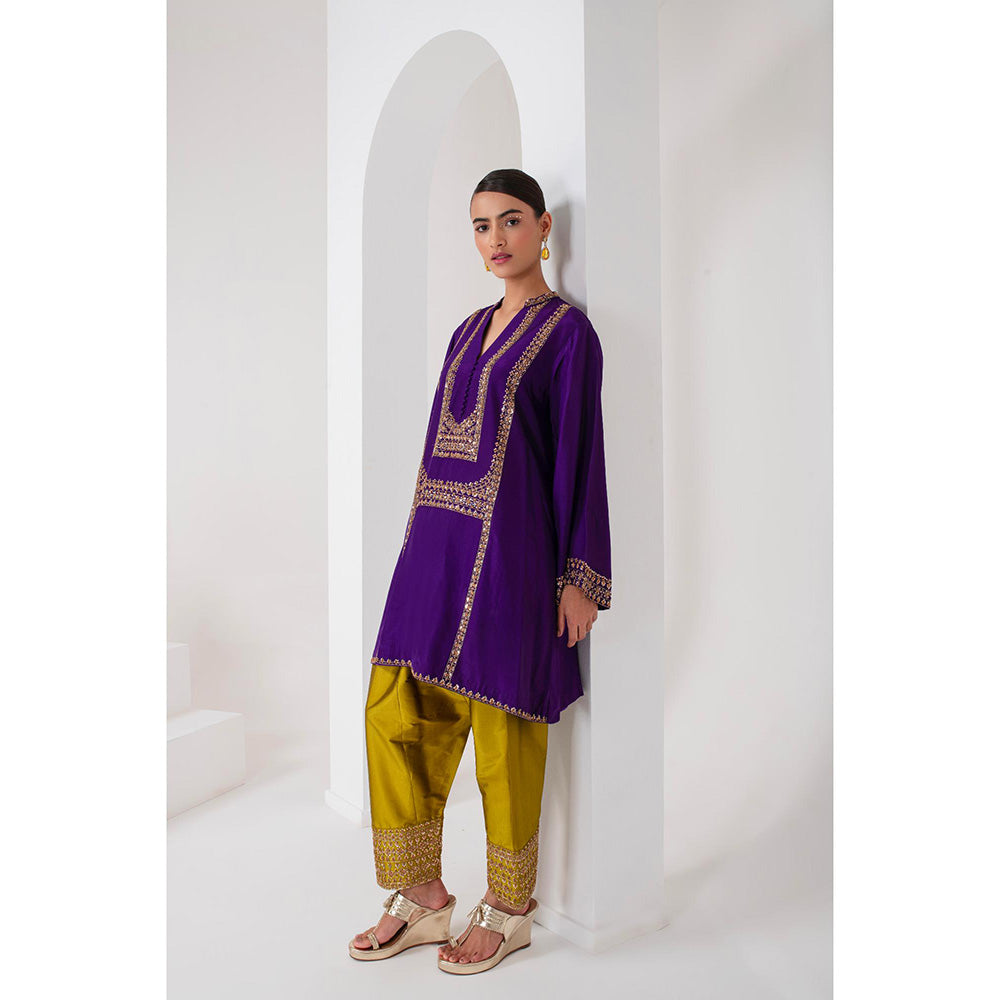 AKARA Women's Purple & Olive Green Kurta with Pakistani Salwar and Dupatta (Set of 3)