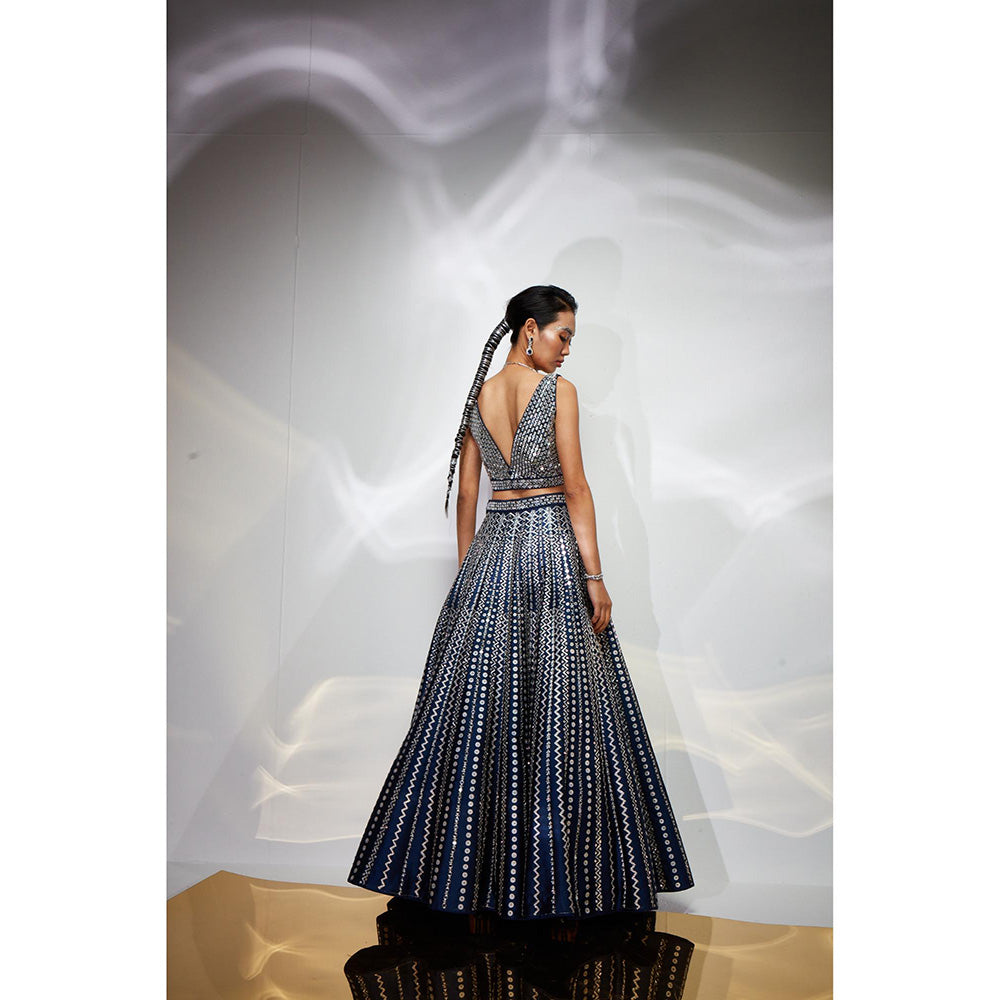 AKARA Women's Midnight Blue Mirror Work Stitched Blouse with Lehenga and Dupatta (Set of 3)